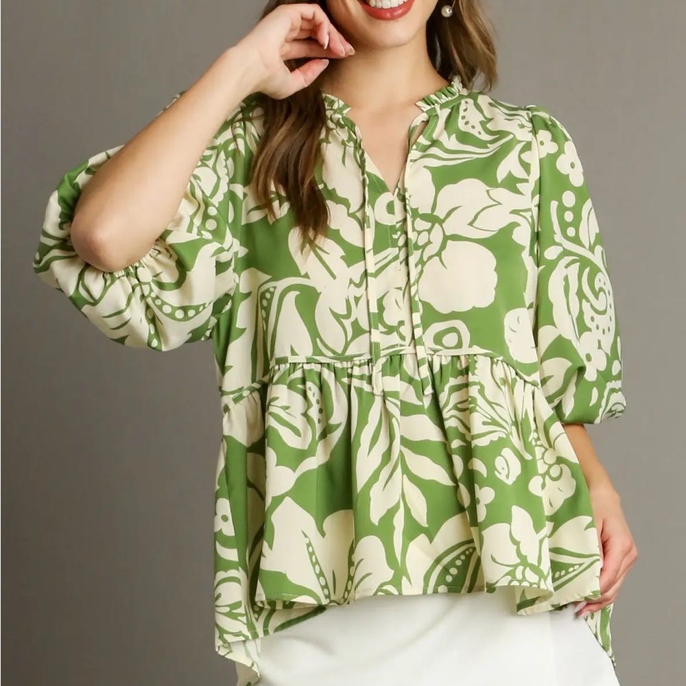 NWT UMGEE Bohemian Green Floral Pattern Puff Sleeve Top S M L